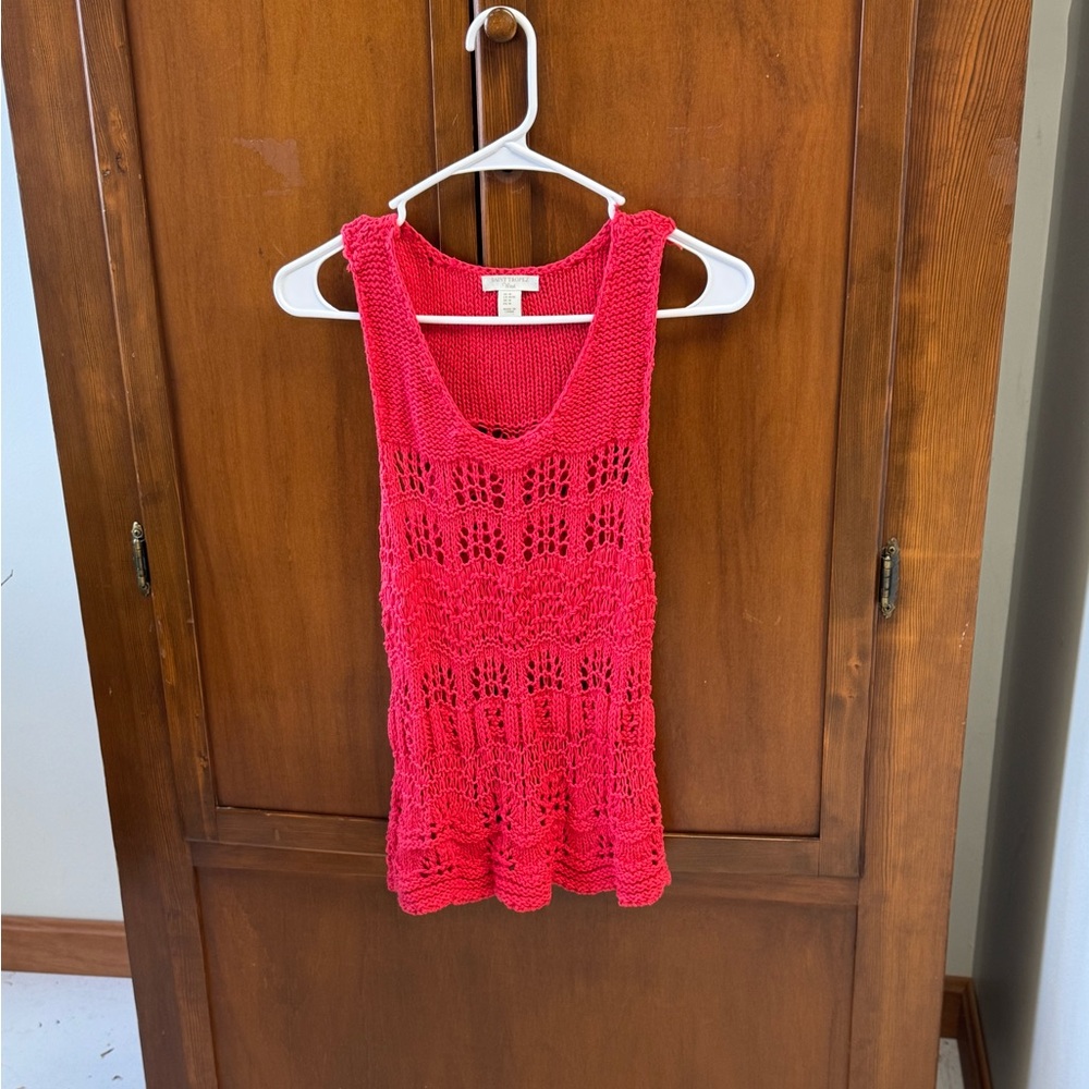 Saint Tropez West Red Crochet Sleeveless Top med linen blend 14 in pit L25
